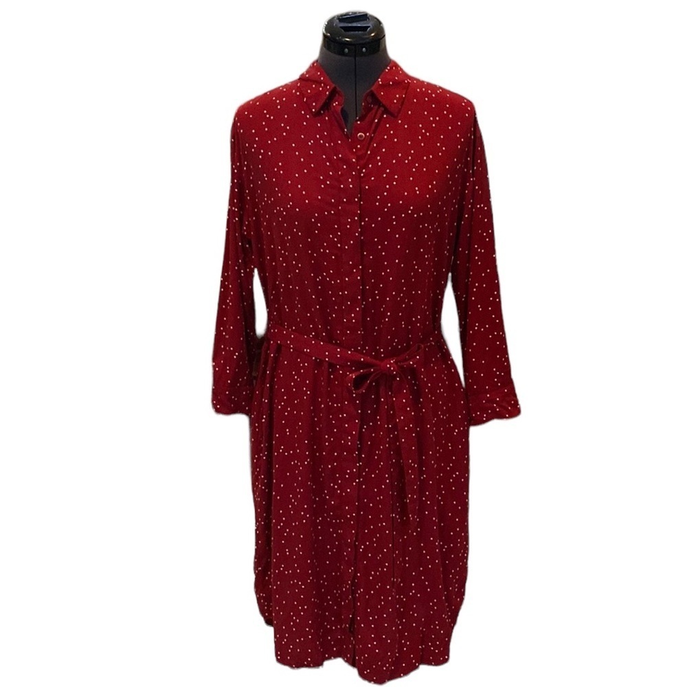 Uniqlo RED/White Polka Dots Long Sleeve Dress Buttons Down Belts attached Sz XS - Picture 5 of 16